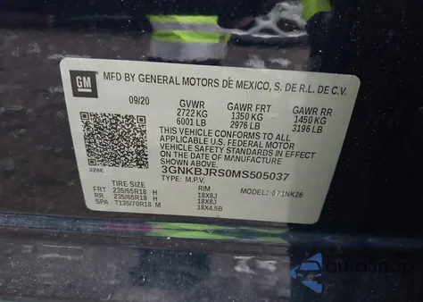 2021 Chevrolet Blazer Awd 3Lt из США, поврежденный, VIN 3GNKBJRS0MS505037